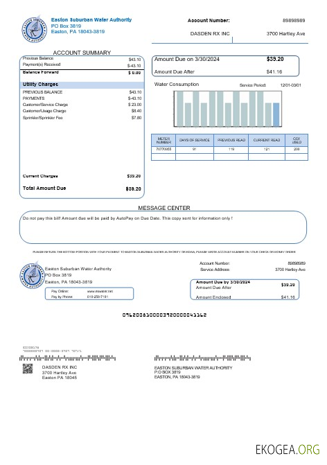 Modèle de facture de services publics pour les entreprises de la Eastern Suburban Water Authority des États Unis aux formats Word et PDF